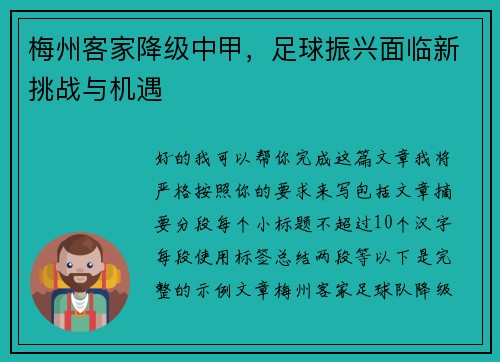 梅州客家降级中甲，足球振兴面临新挑战与机遇